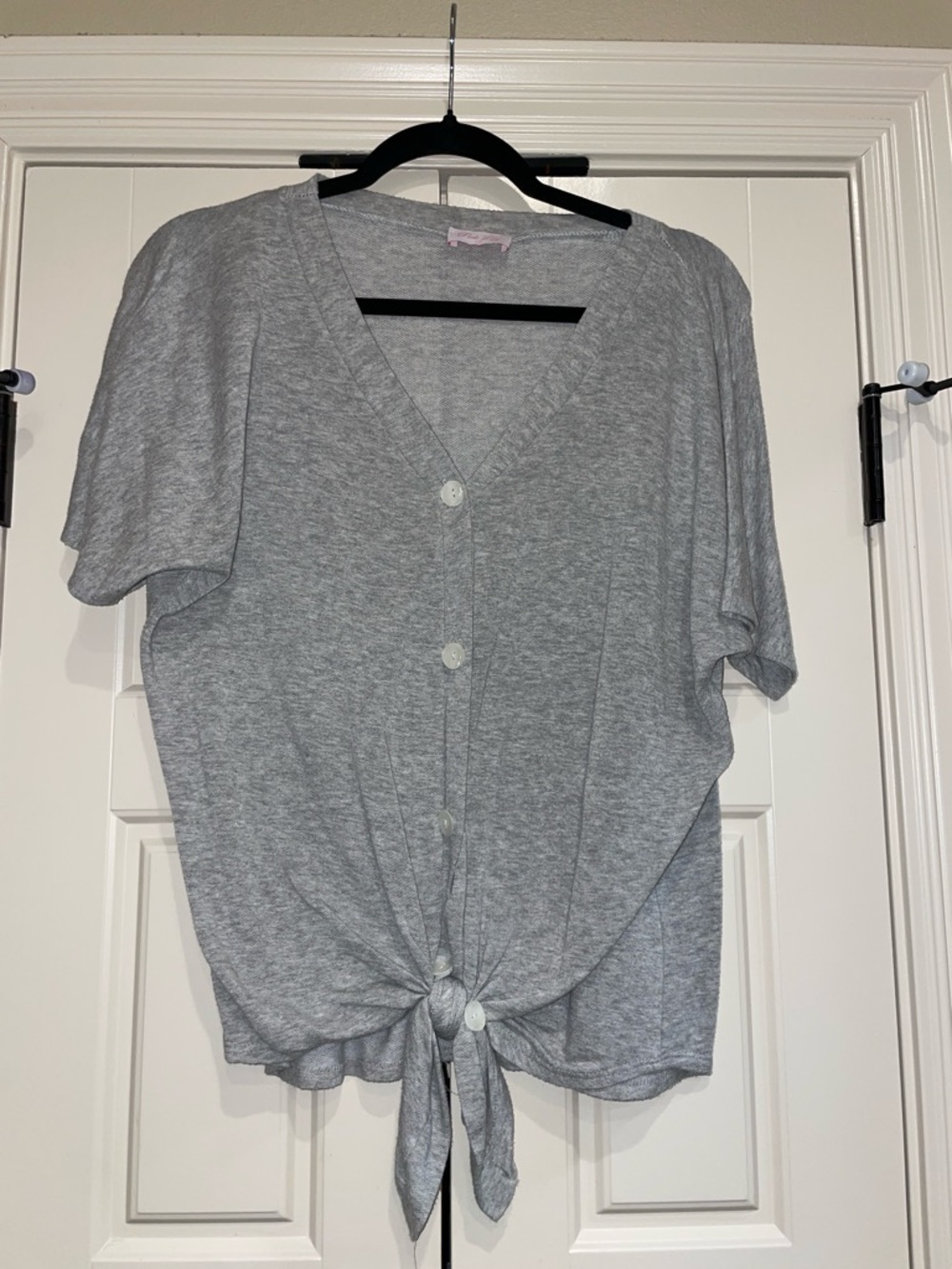 Pink Lily Gray Tie-Front V-Neck Button Blouse
